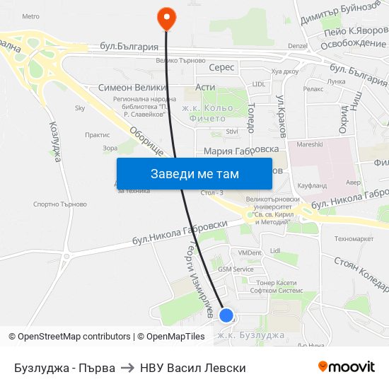 Бузлуджа - Първа to НВУ  Васил Левски map