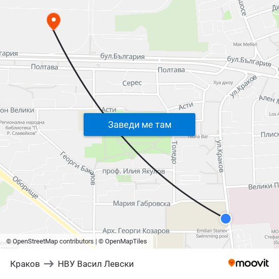 Краков to НВУ  Васил Левски map