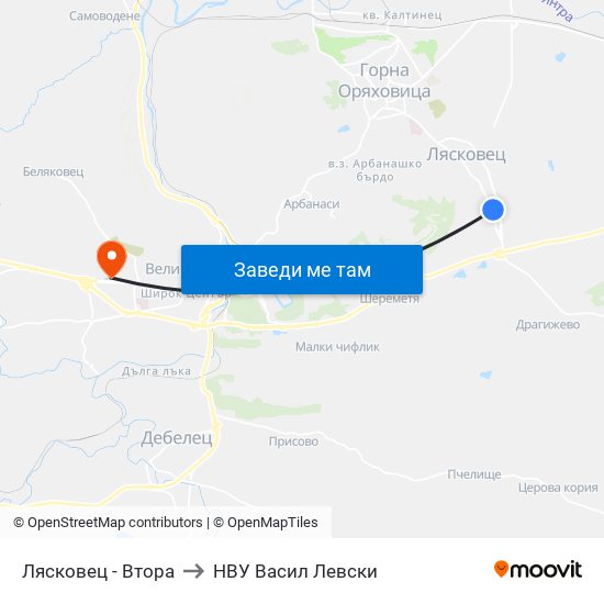 Лясковец - Втора to НВУ  Васил Левски map