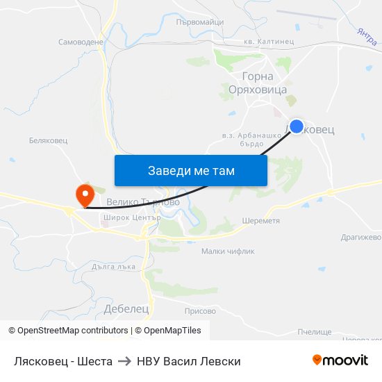 Лясковец - Шеста to НВУ  Васил Левски map