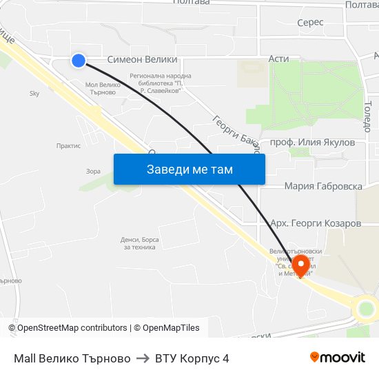 Мол Велико Търново / Mall Veliko Tarnovo to ВТУ Корпус 4 map