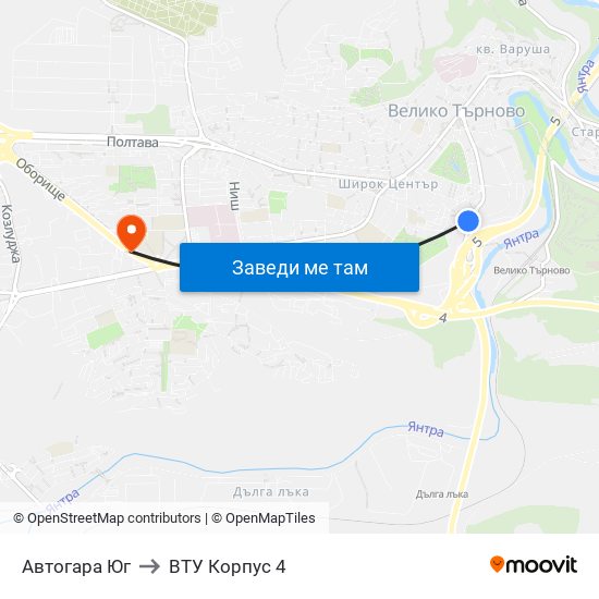 Автогара Юг / South Bus Station to ВТУ Корпус 4 map