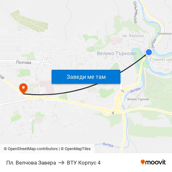 Пл. Велчова Завера / Velchova Zavera Sq. to ВТУ Корпус 4 map