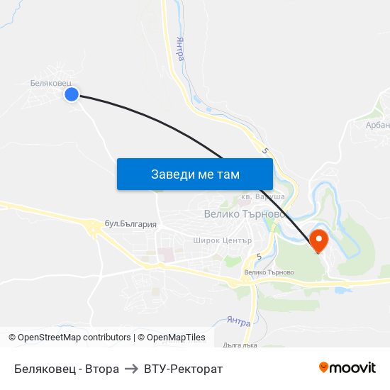 Беляковец - Втора to ВТУ-Ректорат map