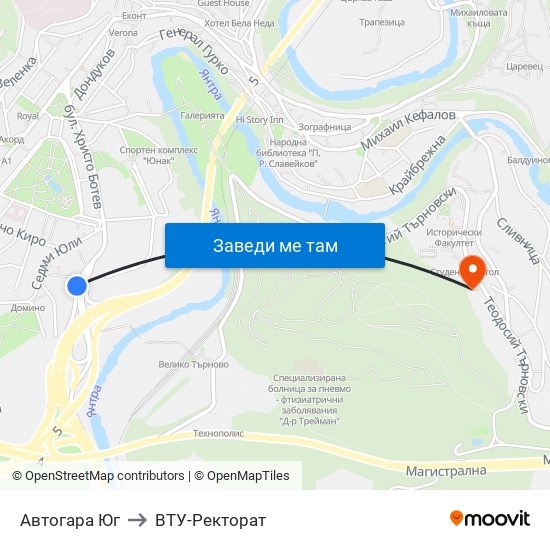 Автогара Юг / South Bus Station to ВТУ-Ректорат map