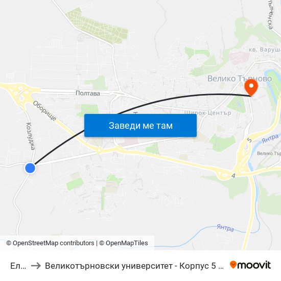 Елмот / Elmot to Великотърновски университет - Корпус 5 (University of Veliko Tarnovo map