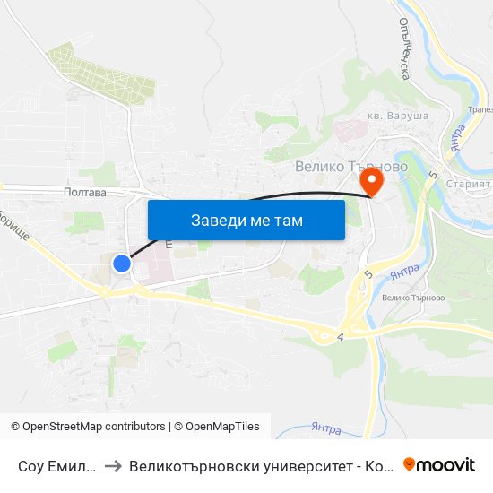 Соу Емилиян Станев / Emiliyan Stanev School to Великотърновски университет - Корпус 5 (University of Veliko Tarnovo map