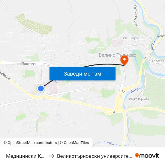 Медицински Колеж / Medical College to Великотърновски университет - Корпус 5 (University of Veliko Tarnovo map