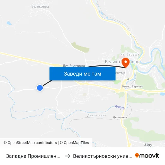 Западна Промишлена Зона - Втора / West Industrial Zone - Second to Великотърновски университет - Корпус 5 (University of Veliko Tarnovo map