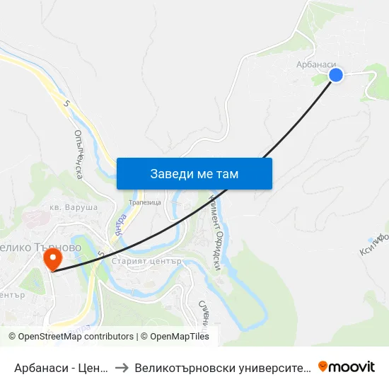 Арбанаси - Център / Arbanasi - Centre to Великотърновски университет - Корпус 5 (University of Veliko Tarnovo map