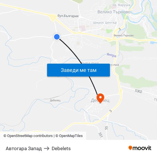 Автогара Запад to Debelets map