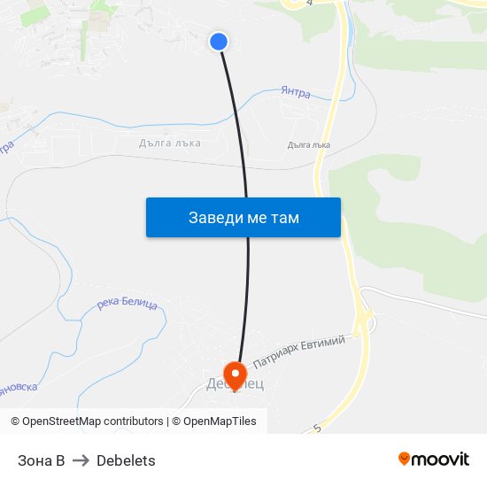 Зона В to Debelets map