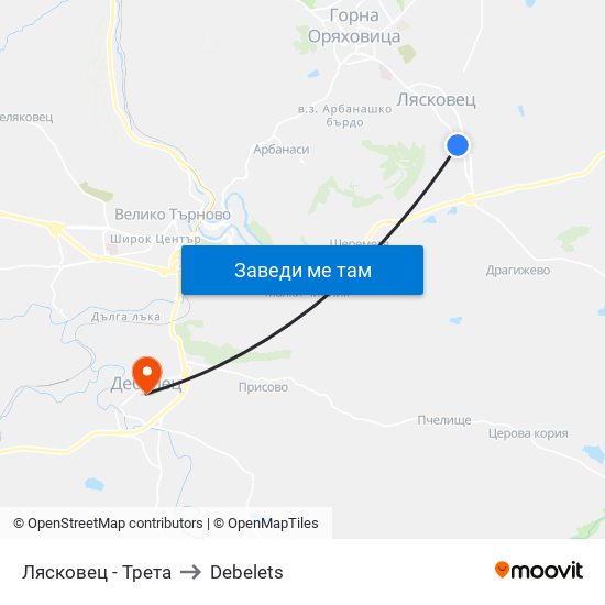 Лясковец - Трета to Debelets map