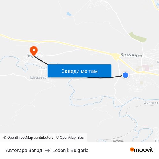 Автогара Запад / West Bus Station to Ledenik Bulgaria map