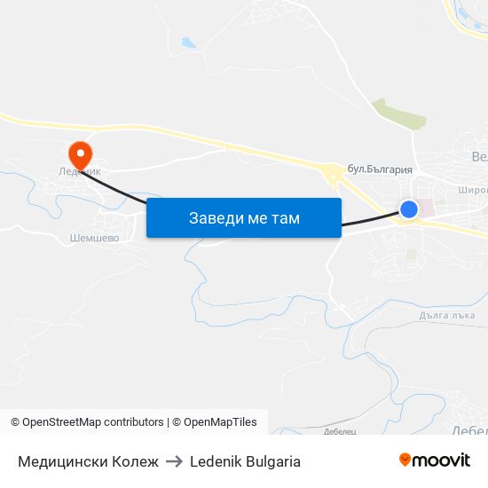 Медицински Колеж to Ledenik Bulgaria map