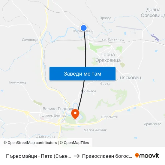 Първомайци - Пета (Съвет) / Parvomaytsi - Fifth to Православен богословски факултет map