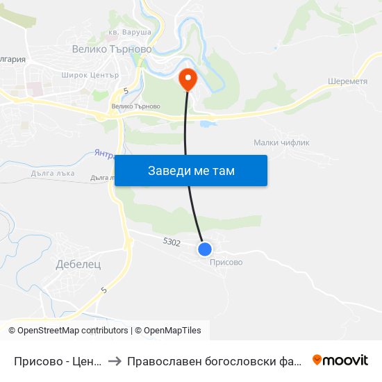 Присово - Център / Prisovo - Centre to Православен богословски факултет map