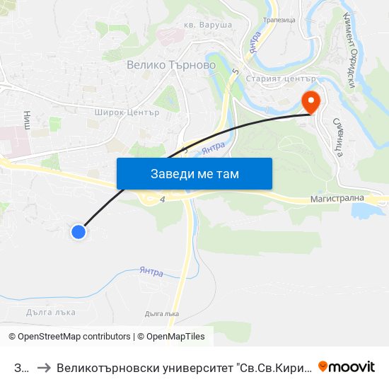 Зона В to Великотърновски университет "Св.Св.Кирил и Методий" (University of Veliko Tarnovo Sv.sv.Kiril i Met map