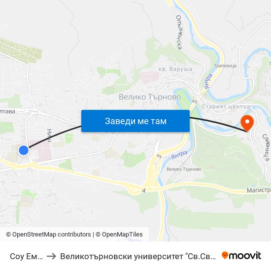 Соу Емилиян Станев / Emiliyan Stanev School to Великотърновски университет "Св.Св.Кирил и Методий" (University of Veliko Tarnovo Sv.sv.Kiril i Met map