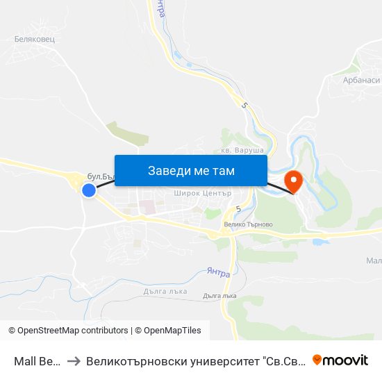 Мол Велико Търново / Mall Veliko Tarnovo to Великотърновски университет "Св.Св.Кирил и Методий" (University of Veliko Tarnovo Sv.sv.Kiril i Met map