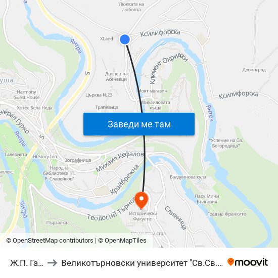 Жп Гара Трапезица / Trapezitsa Train Station to Великотърновски университет "Св.Св.Кирил и Методий" (University of Veliko Tarnovo Sv.sv.Kiril i Met map