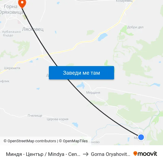 Миндя - Център / Mindya - Centre to Gorna Oryahovitsa map