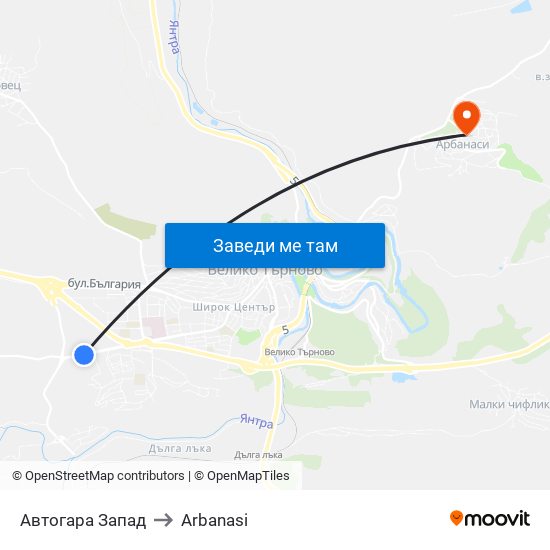 Автогара Запад / West Bus Station to Arbanasi map