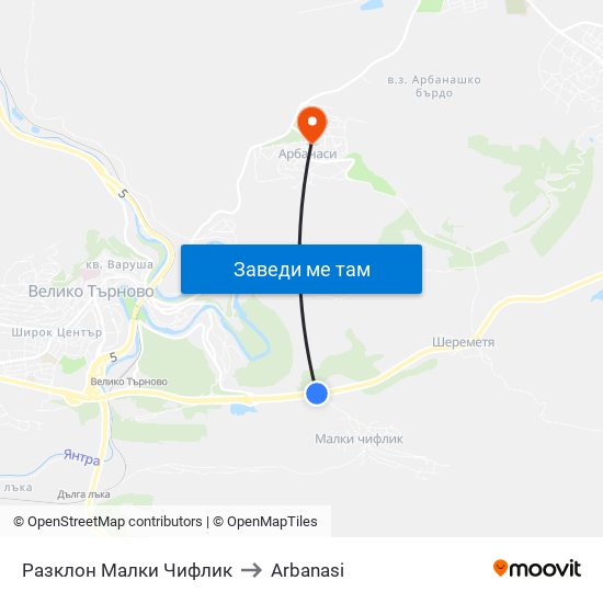 Разклон Малки Чифлик / Fork Road For Malki Chiflik to Arbanasi map