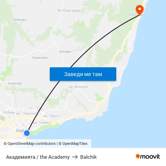 Академията / the Academy to Balchik map