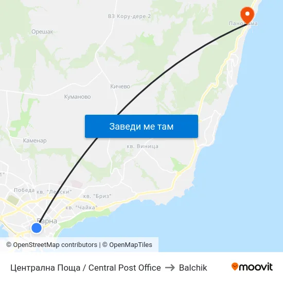 Централна Поща / Central Post Office to Balchik map