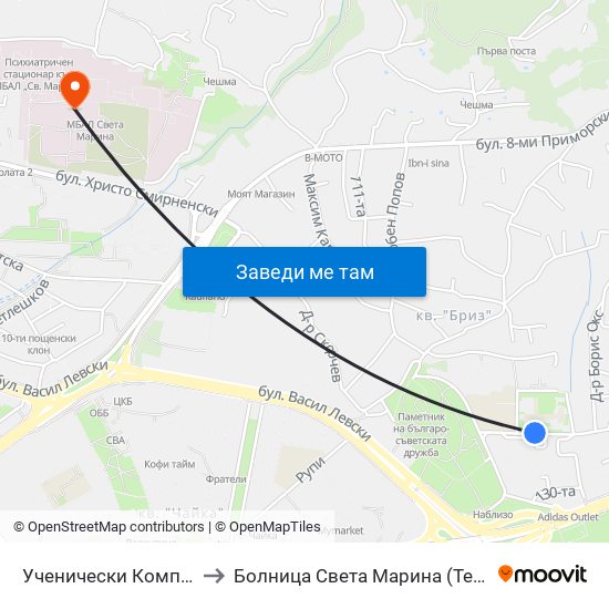 Ученически Комплекс / School Complex to Болница Света Марина (Терапията) (МБАЛ Света Марина) map