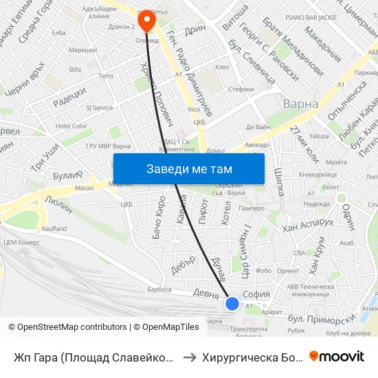 Жп Гара (Площад Славейков) / Railway Station (Slaveykov Square) to Хирургическа Болница Проф. Темелков map