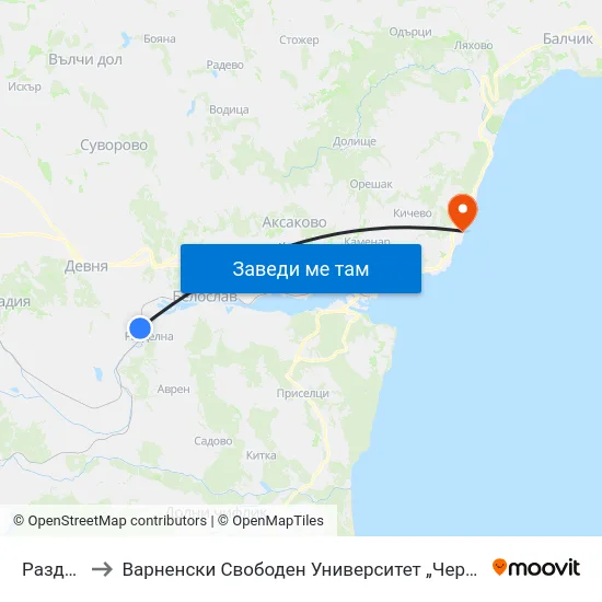 Разделна to Варненски Свободен Университет „Черноризец Храбър“ map