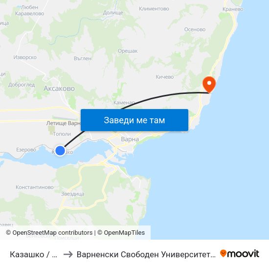 Казашко / Kazashko to Варненски Свободен Университет „Черноризец Храбър“ map