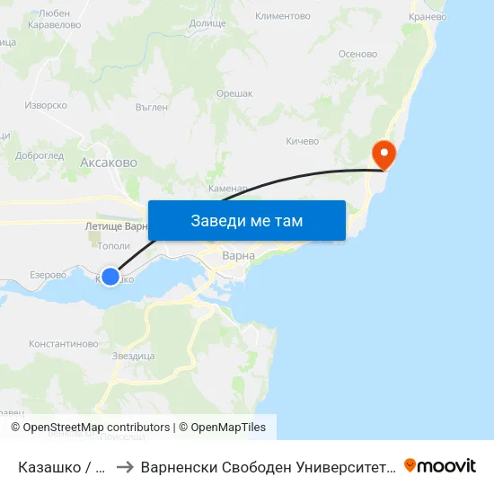 Казашко / Kazashko to Варненски Свободен Университет „Черноризец Храбър“ map