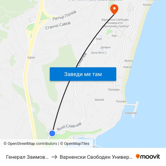 Генерал Заимов / General Zaimov to Варненски Свободен Университет „Черноризец Храбър“ map