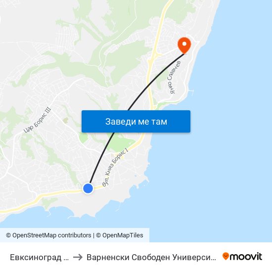 Евксиноград / Euxinograd to Варненски Свободен Университет „Черноризец Храбър“ map