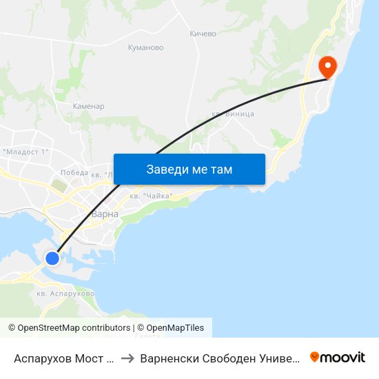 Аспарухов Мост / Asparuhov Bridge to Варненски Свободен Университет „Черноризец Храбър“ map