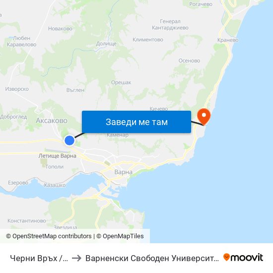 Черни Връх / Cherni Vrah to Варненски Свободен Университет „Черноризец Храбър“ map