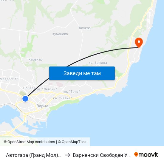 Автогара (Гранд Мол) / Central Bus Station (Grand Mall) to Варненски Свободен Университет „Черноризец Храбър“ map