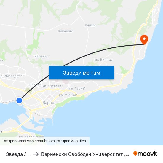 Звезда / Zvezda to Варненски Свободен Университет „Черноризец Храбър“ map