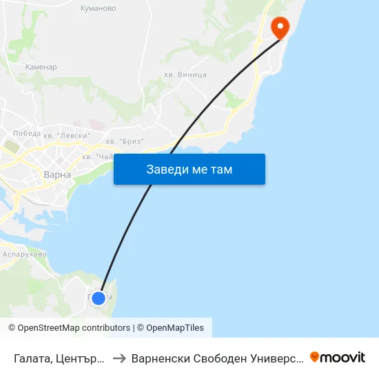 Галата, Център / Galata, Center to Варненски Свободен Университет „Черноризец Храбър“ map