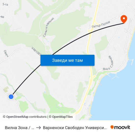 Вилна Зона / Village Zone to Варненски Свободен Университет „Черноризец Храбър“ map