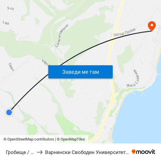 Гробище / Cemetery to Варненски Свободен Университет „Черноризец Храбър“ map