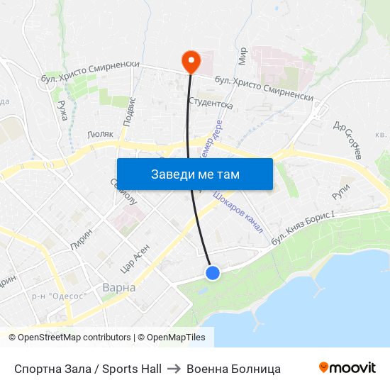 Спортна Зала / Sports Hall to Военна Болница map