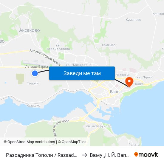 Разсадника Тополи / Razsadnika Topoli to Ввму „Н. Й. Вапцаров“ map