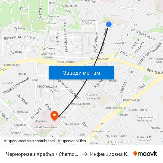 Черноризец Храбър / Chernorizets Hrabar to Инфекциозна Клиника map