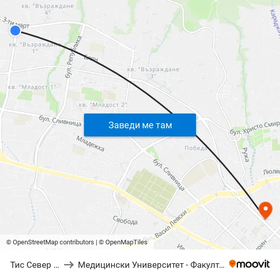 Тис Север / Tis North to Медицински Университет - Факултет По Дентална Медицина map