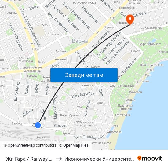 Жп Гара / Railway Station to Икономически Университет - Варна map