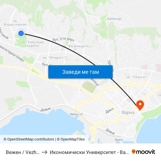 Вежен / Vezhen to Икономически Университет - Варна map